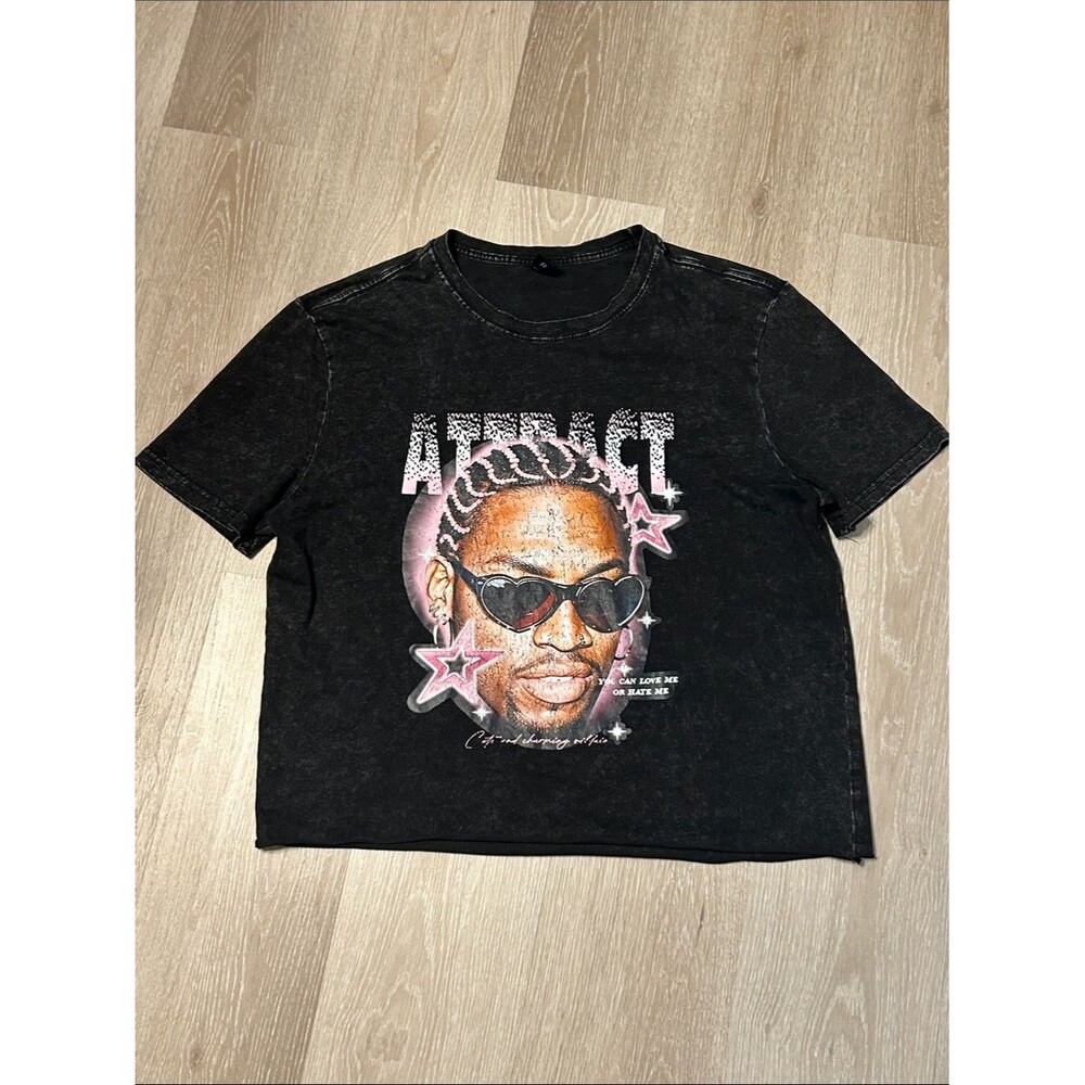 Romwe Dennis Rodman Pink Accented Graphic Raw Hem Light Acid Wash Crop Tee Sz L